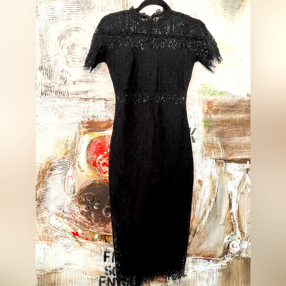 High collar black, just me lace dress, beautifully fitted